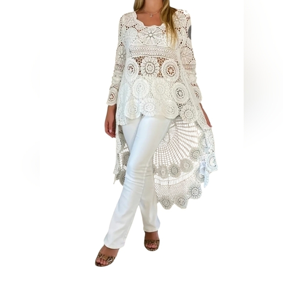 New Crochet Floral hi low Cover up Tunic white long flowy Small - Picture 3 of 6
